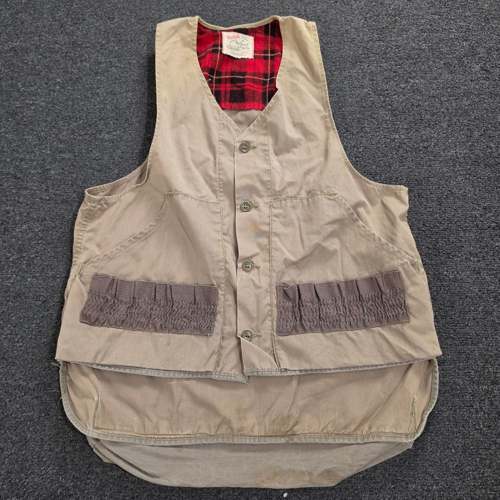 Vintage 50s Duxbak Upland Poplin Hunting Vest M Tan Canvas Game Pouch Utica NY
